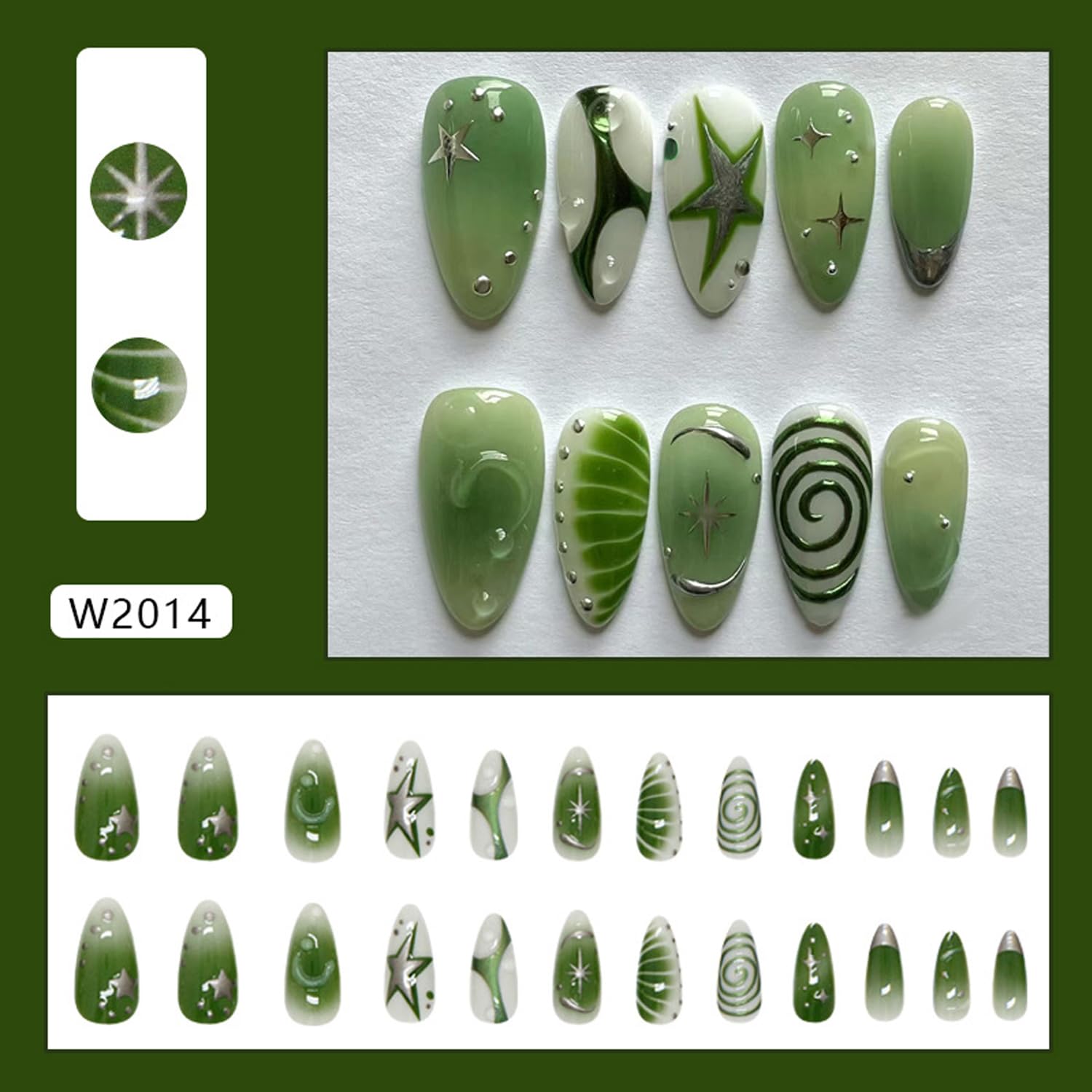 BSBTBZ almond-shaped green press-on nails with star accents for chic outfits