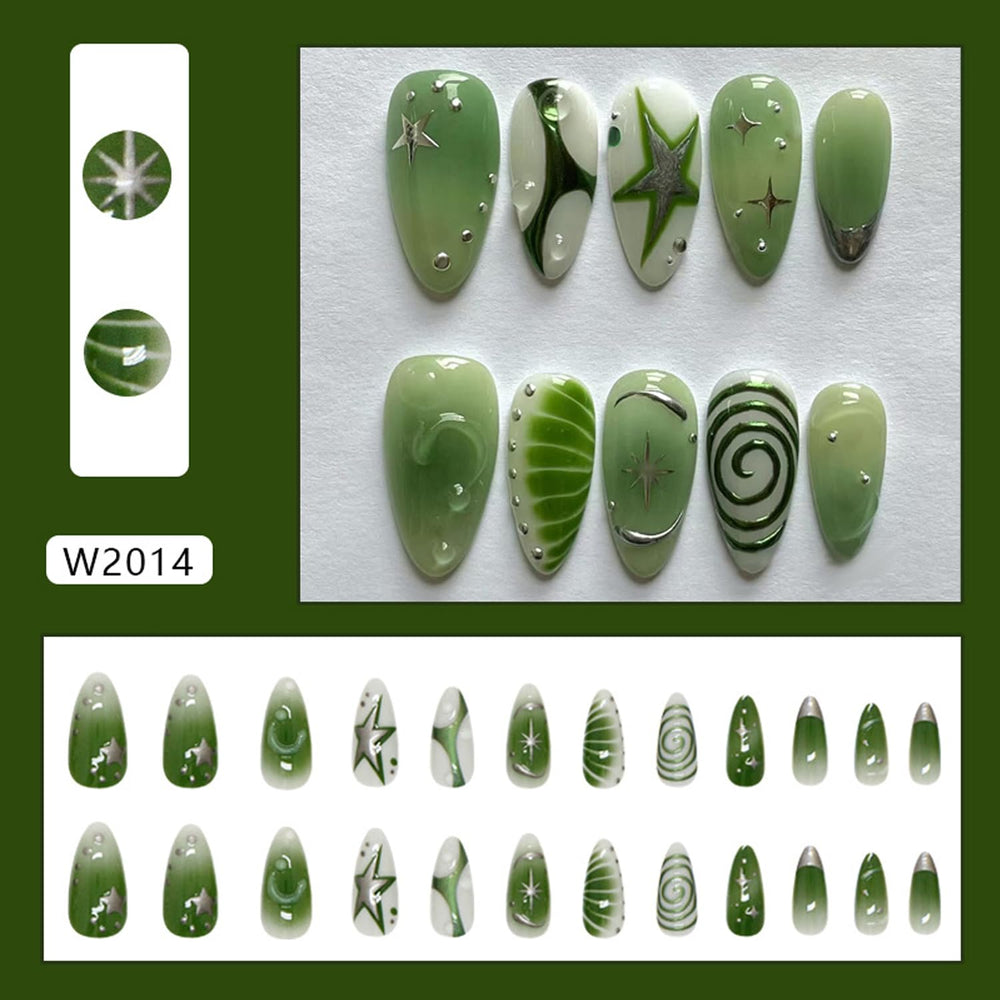 BSBTBZ almond-shaped green press-on nails with star accents for chic outfits