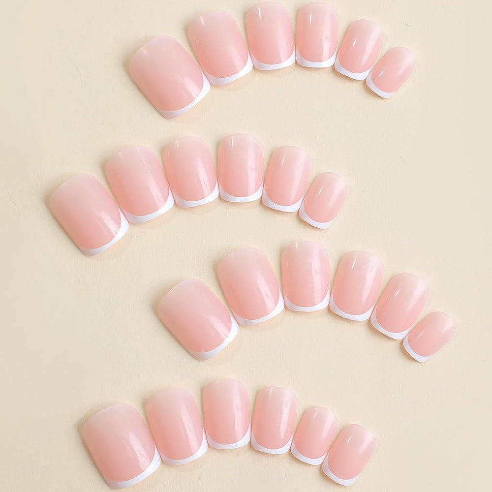 BSBTBZ press-on nails close-up top view showing glossy pink tips