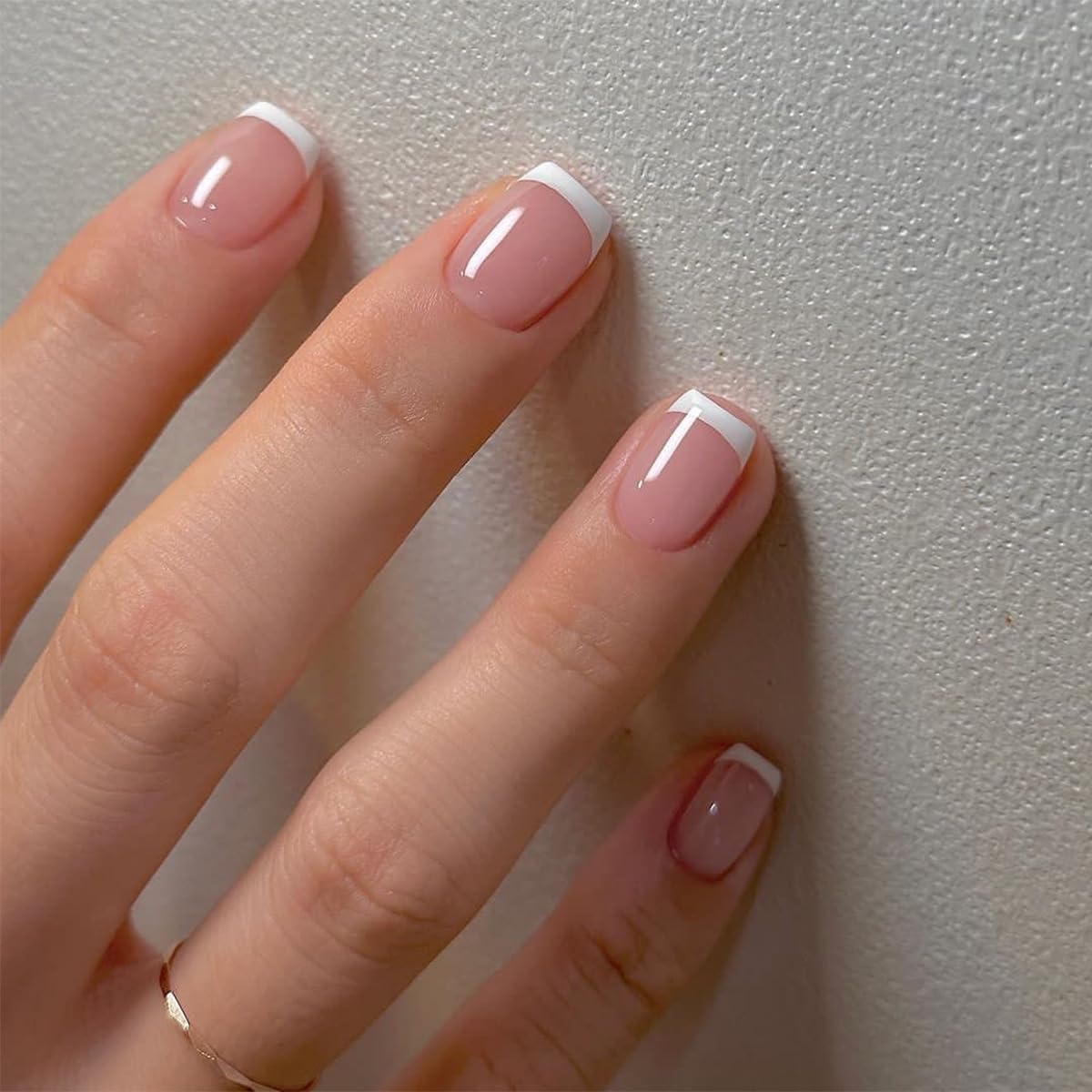 BSBTBZ White French Tip press-on nails with pink glossy finish for quick at-home glam