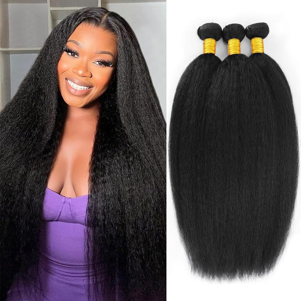 BSBU Kinky Straight bundles on display show three-pack fullness for natural looks.