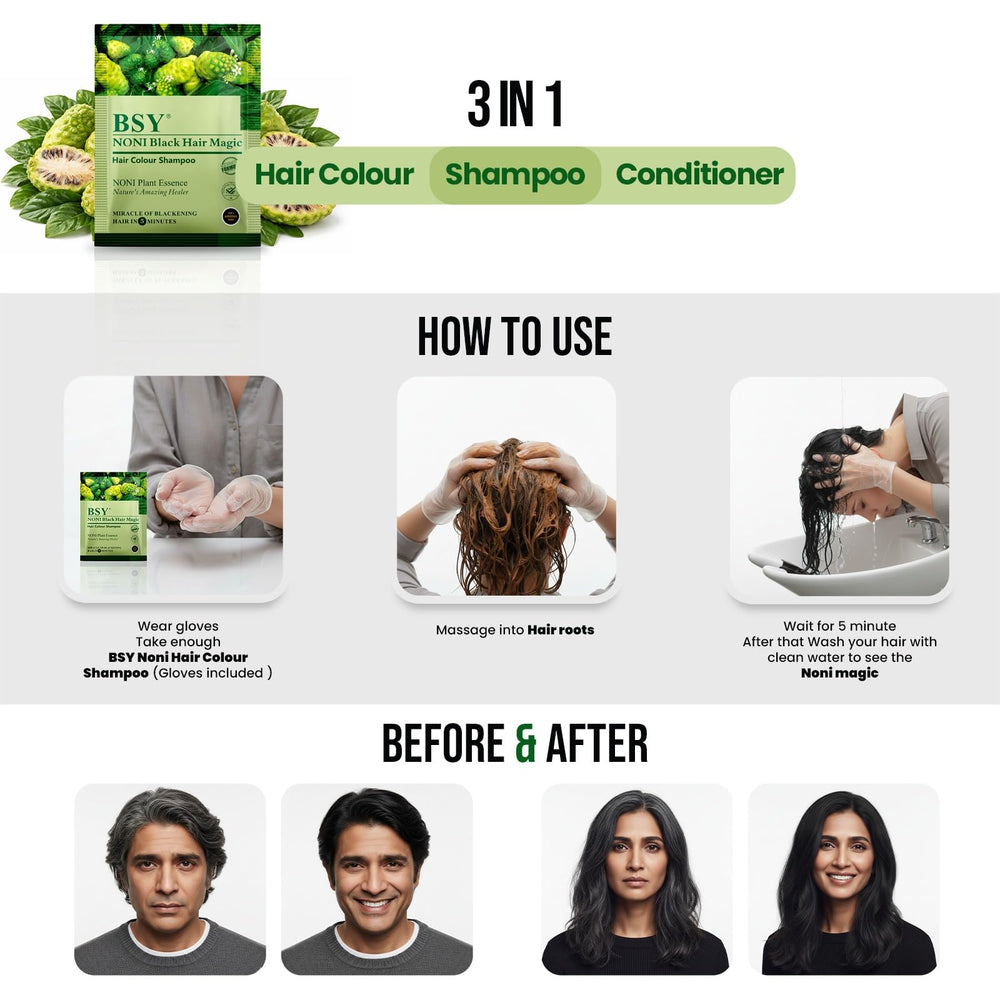 BSY Noni Black Hair Magic bottle pour enables precise dye application.