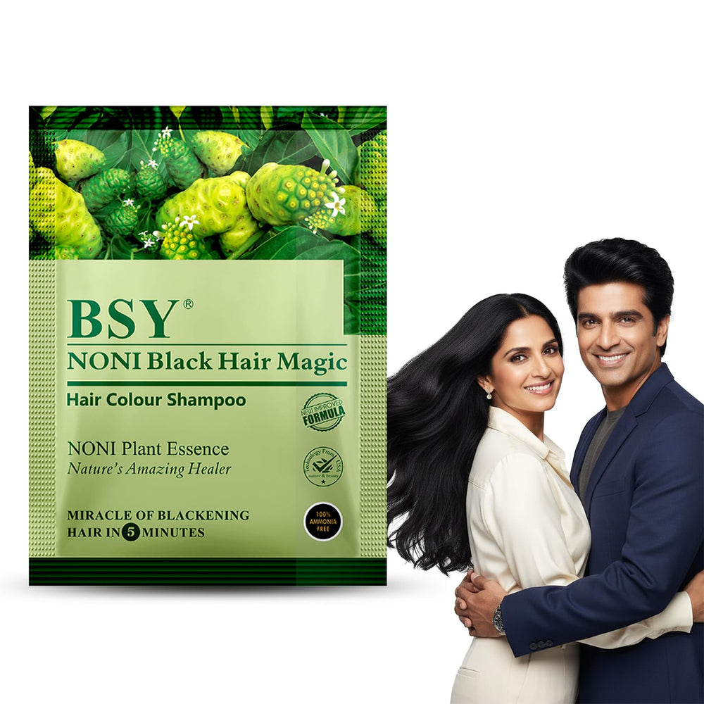 BSY Noni Black Hair Magic packaging with sachets for easy at-home color.
