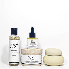 BT Booty Spa Scrub bottle with turmeric lemon formula for a refreshing shower routine.