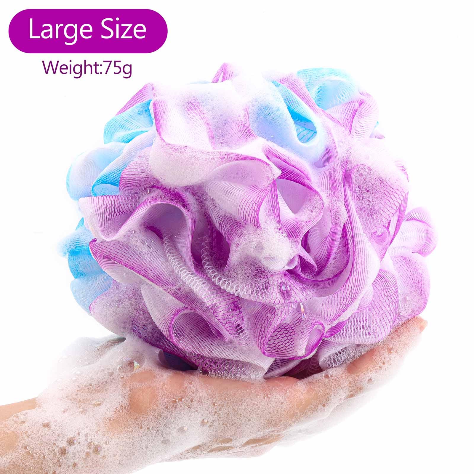 BTYMS exfoliating shower pouf with dense mesh for effective cleansing.