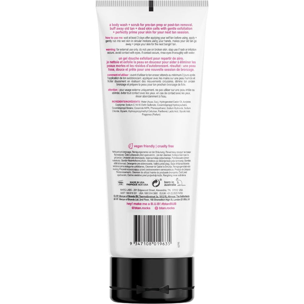 B.TAN 2in1 exfoliator scrub closeup highlights exfoliation and cleansing benefits