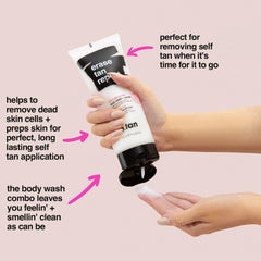 B.TAN body wash lather image suggests gentle cleanse and prepping skin