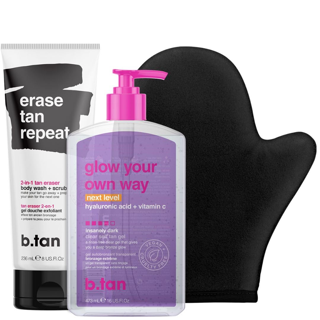 B.TAN Clear self-tanning gel bottle shows quick, even color development.
