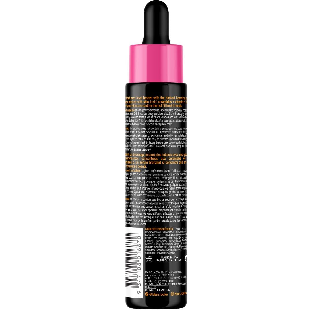 BTAN Dark Self Tan Drops droplet closeup showing precise dosing for even color
