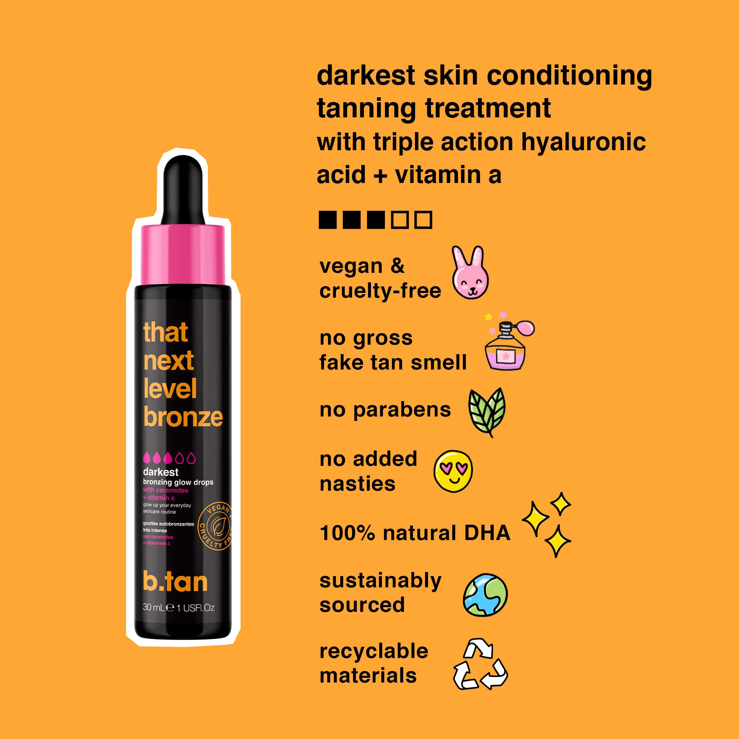 BTAN Dark Self Tan Drops label highlighting vegan and cruelty-free formula