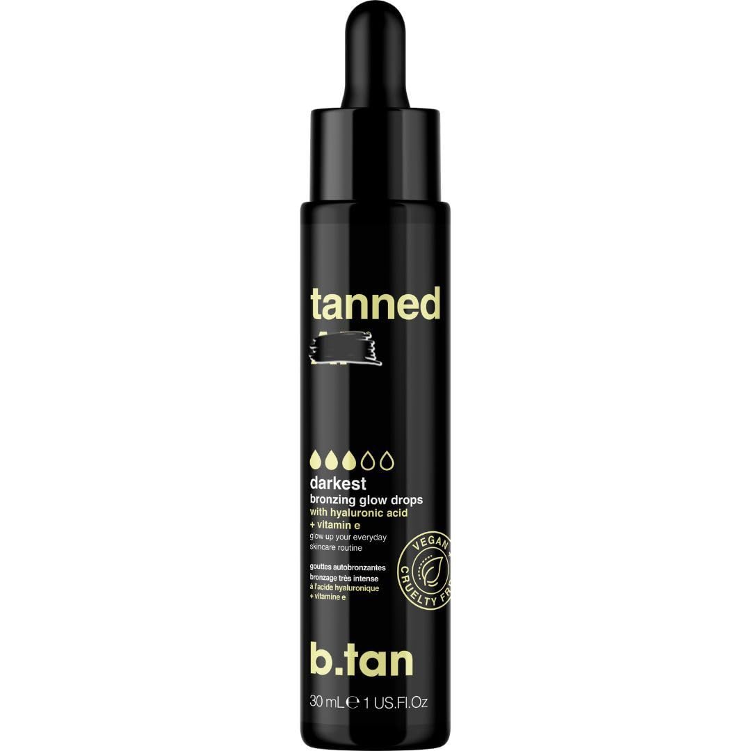 B.TAN darkest drops bottle shown for a customizable face and body glow.