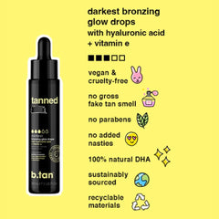 B.TAN drops with hyaluronic acid highlight hydration during tanning.