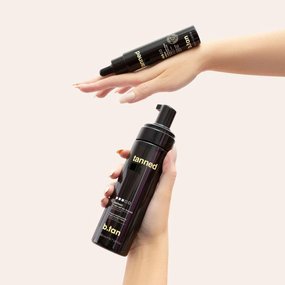 B.TAN drops mixed into moisturizer for customizable daily tan.