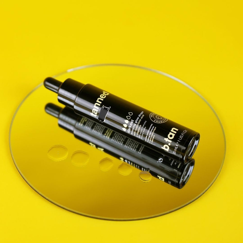 B.TAN drops illustration emphasizes vitamin E nourishment during tanning.