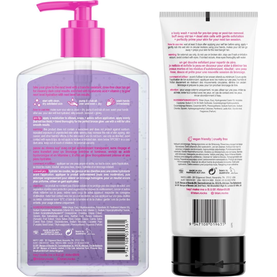B.TAN exfoliating kit with scrub and body wash preps skin for smoother tanning.