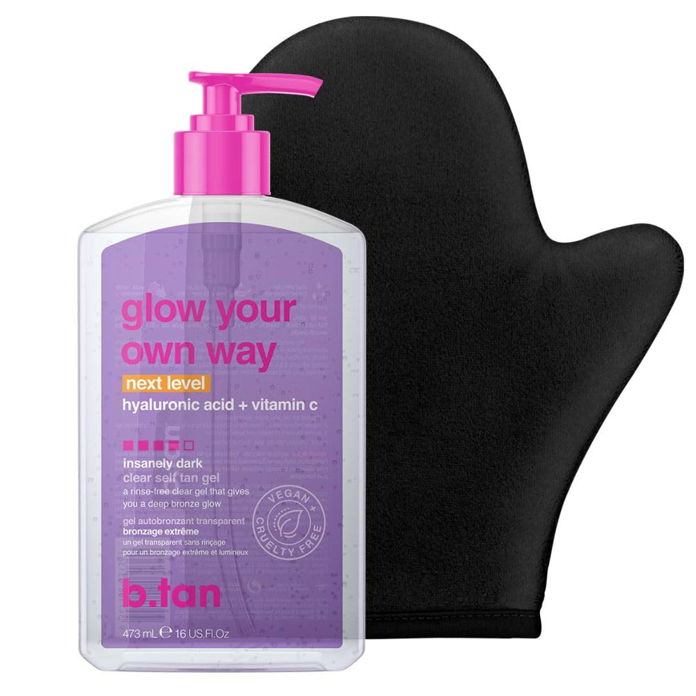 btan insanely dark gel bottle for transfer-free, even glow.