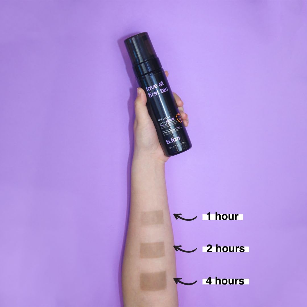 B.TAN Violet Base Self Tanner Mousse drying close-up demonstrates quick set.