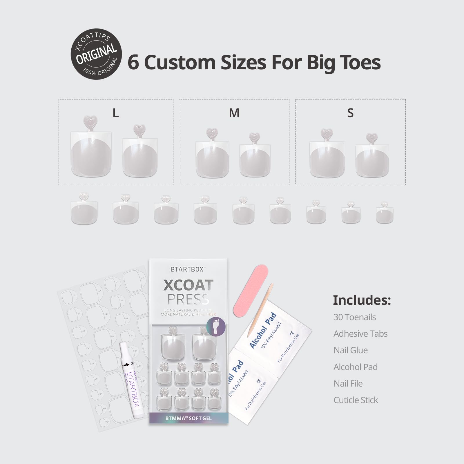 BTArtbox six-sizes chart demonstrates a snug fit for bigger toes