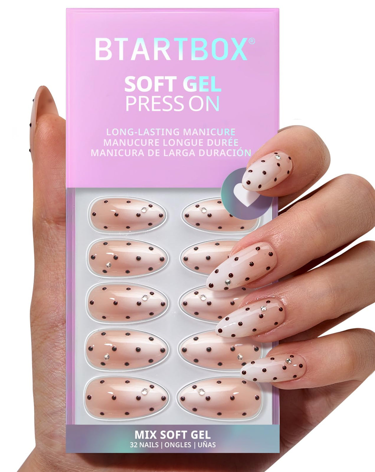 BTArtbox Almond Gala Polka nails with glue for a natural, durable manicure.