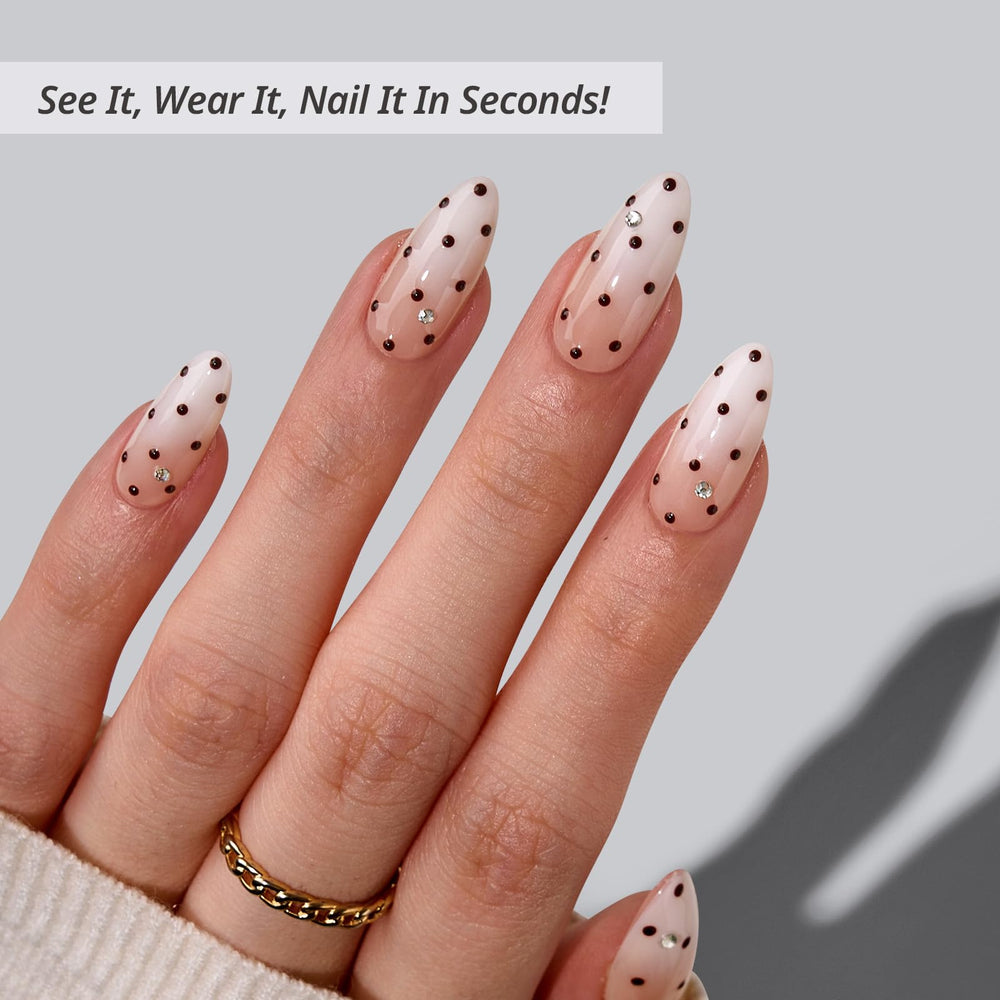 BTArtbox Almond Gala Polka nails close-up showing seamless cuticle blend.