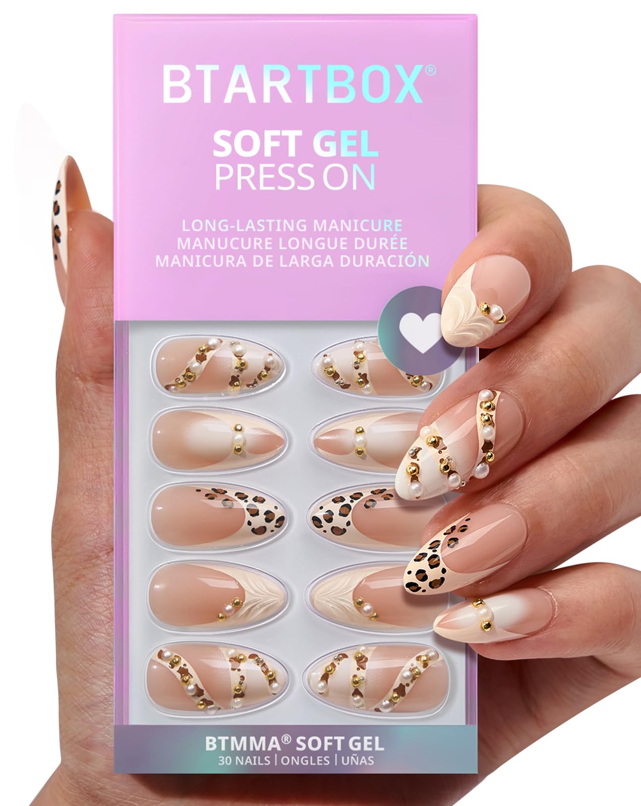 BTArtbox almond leopard nails with 3D pearl design for chic daily wear