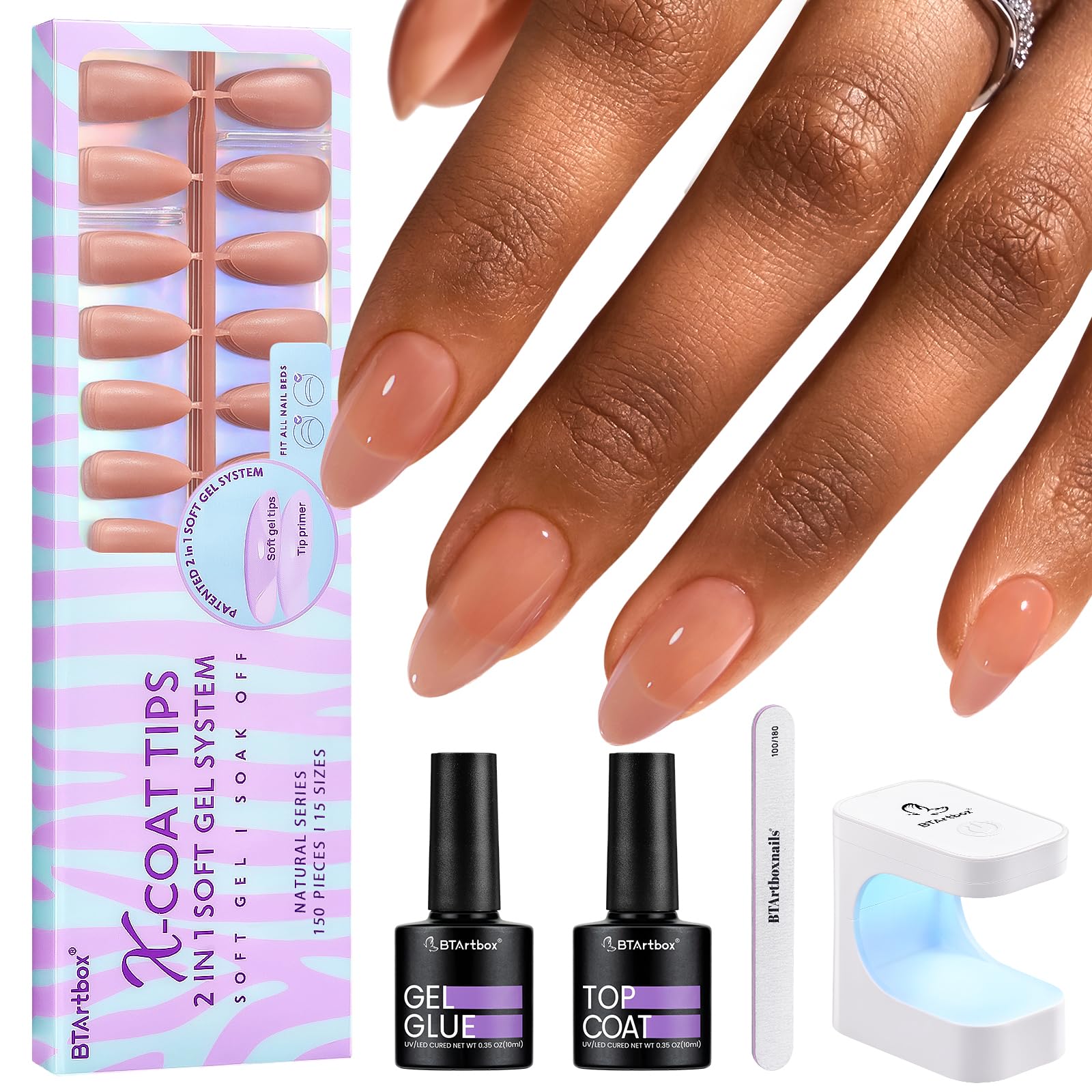 BTArtbox almond nail tips in brown soft gel for natural, long-lasting extensions.
