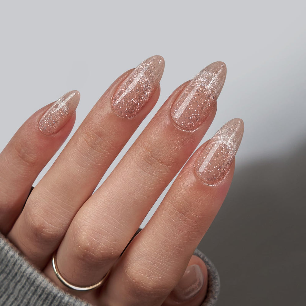 BTArtbox Almond press-on nails category cat eye look under lamp for salon-like finish