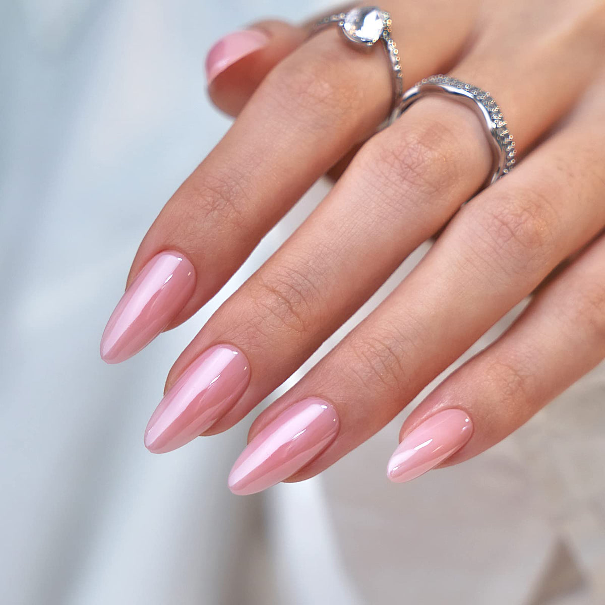 BTArtbox Almond Press On Nails in pink chrome with soft gel finish for effortless glamour.