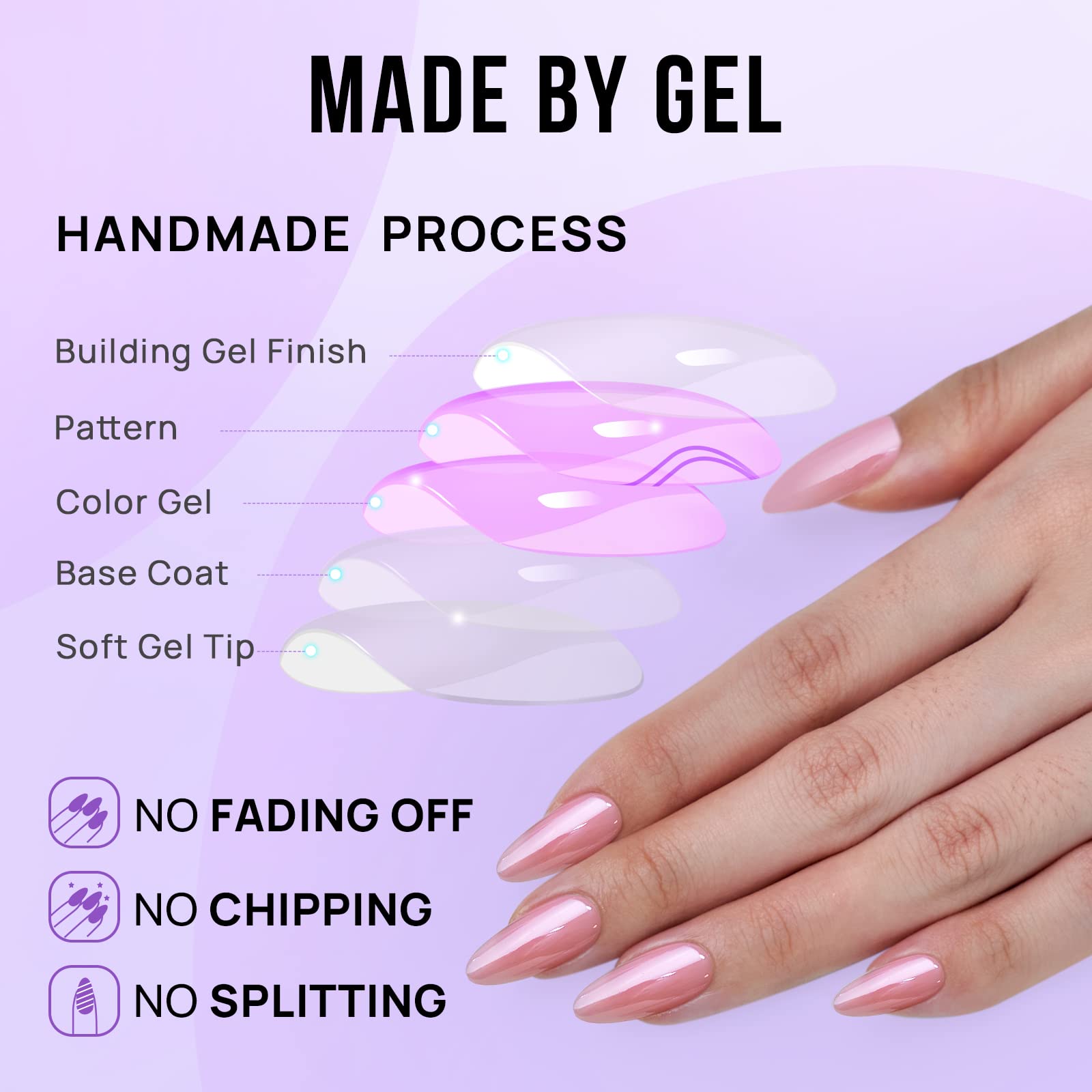 BTArtbox Almond Press On Nails feature a protective gel finish for durable wear.