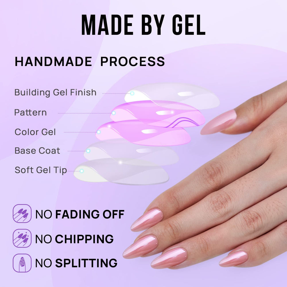 BTArtbox Almond Press On Nails feature a protective gel finish for durable wear.