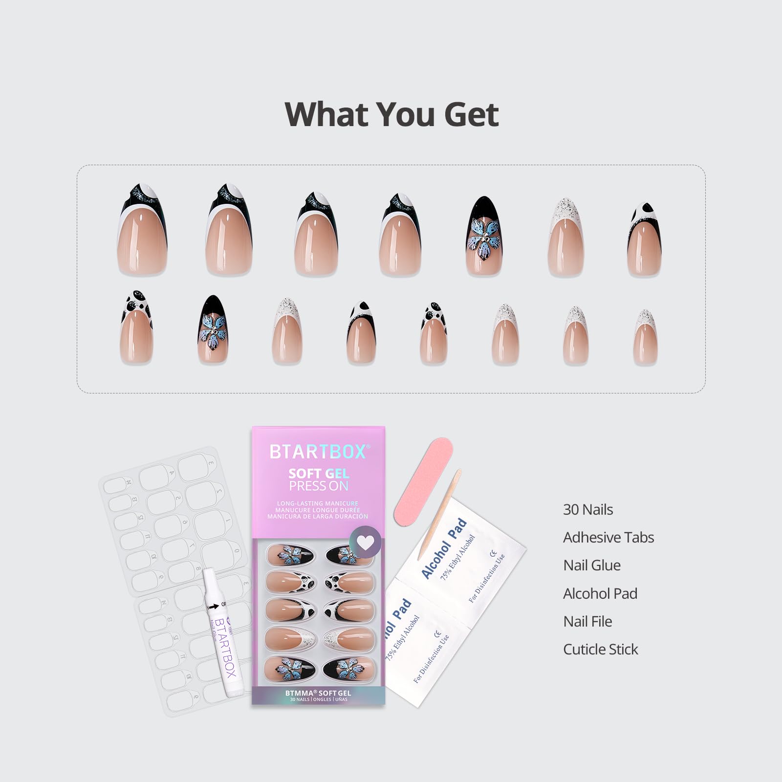 BTArtbox glue-on nails kit close-up showing secure application.