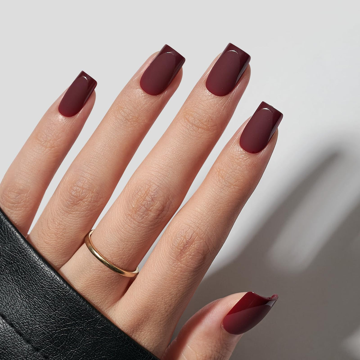 BTArtbox Cozy Cocoa dark red nails with glossy tips for chic style.