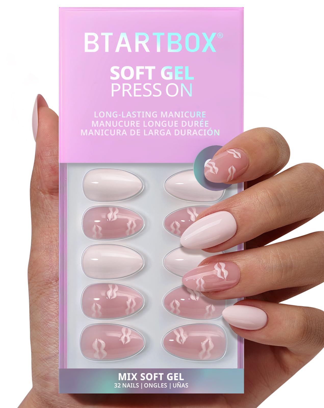 BTArtbox Dainty Kiss short press-on nails in 3D pink lip almond shape for quick salon-like nails