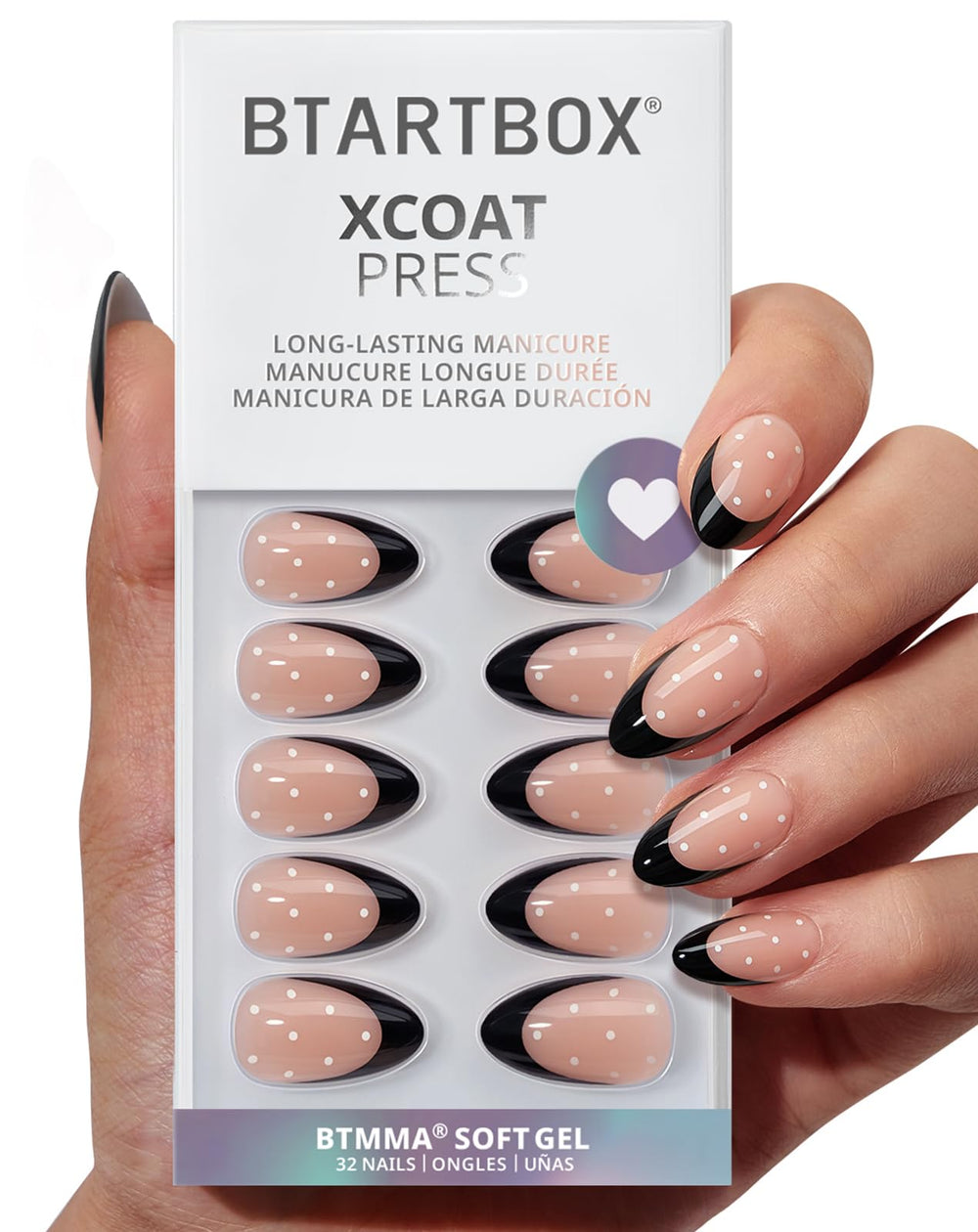 BTArtbox Dot Couture almond nails with black French tip for effortless everyday glamour.