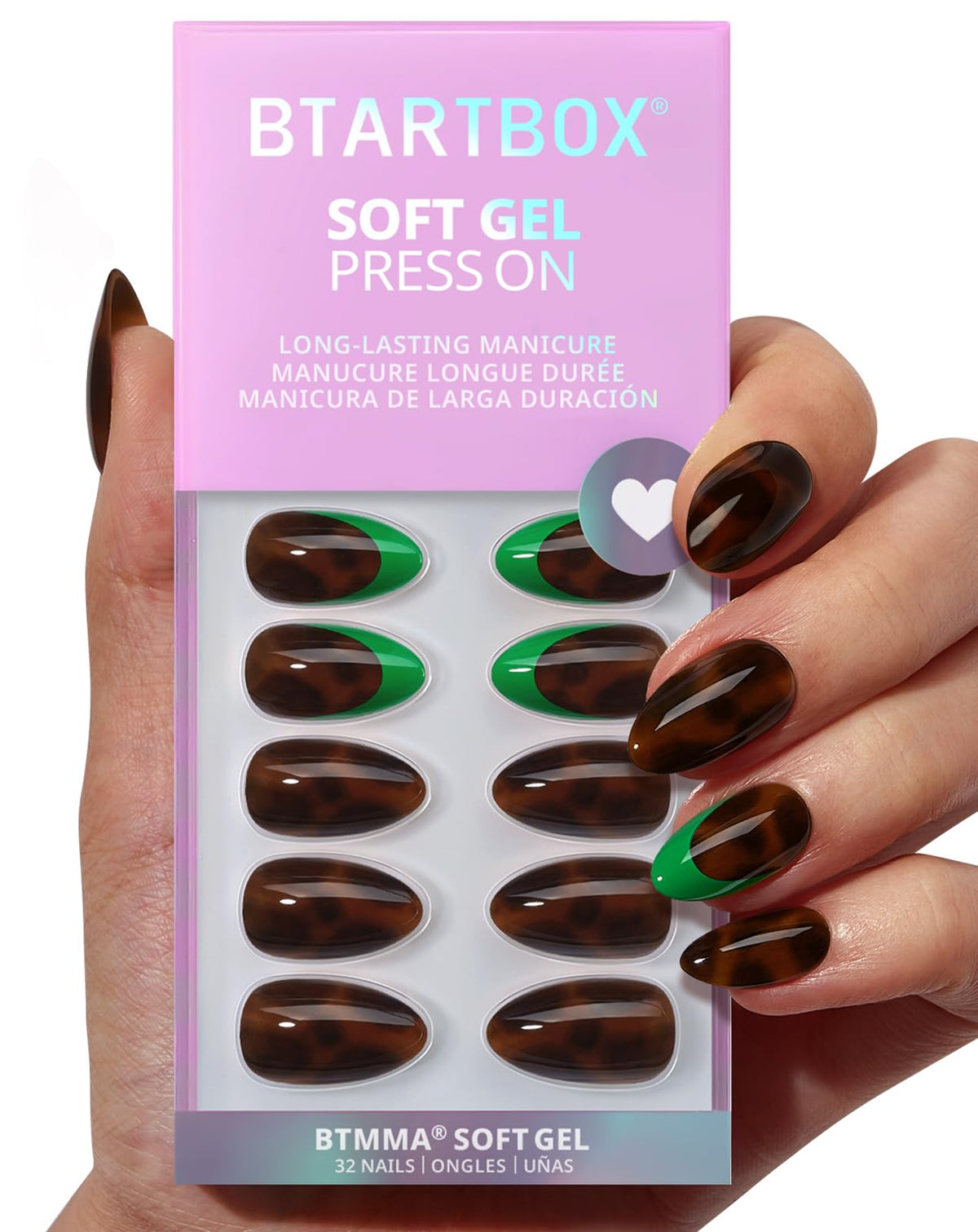 BTArtbox emerald code tortoiseshell almond press-on nails for natural-looking wear.