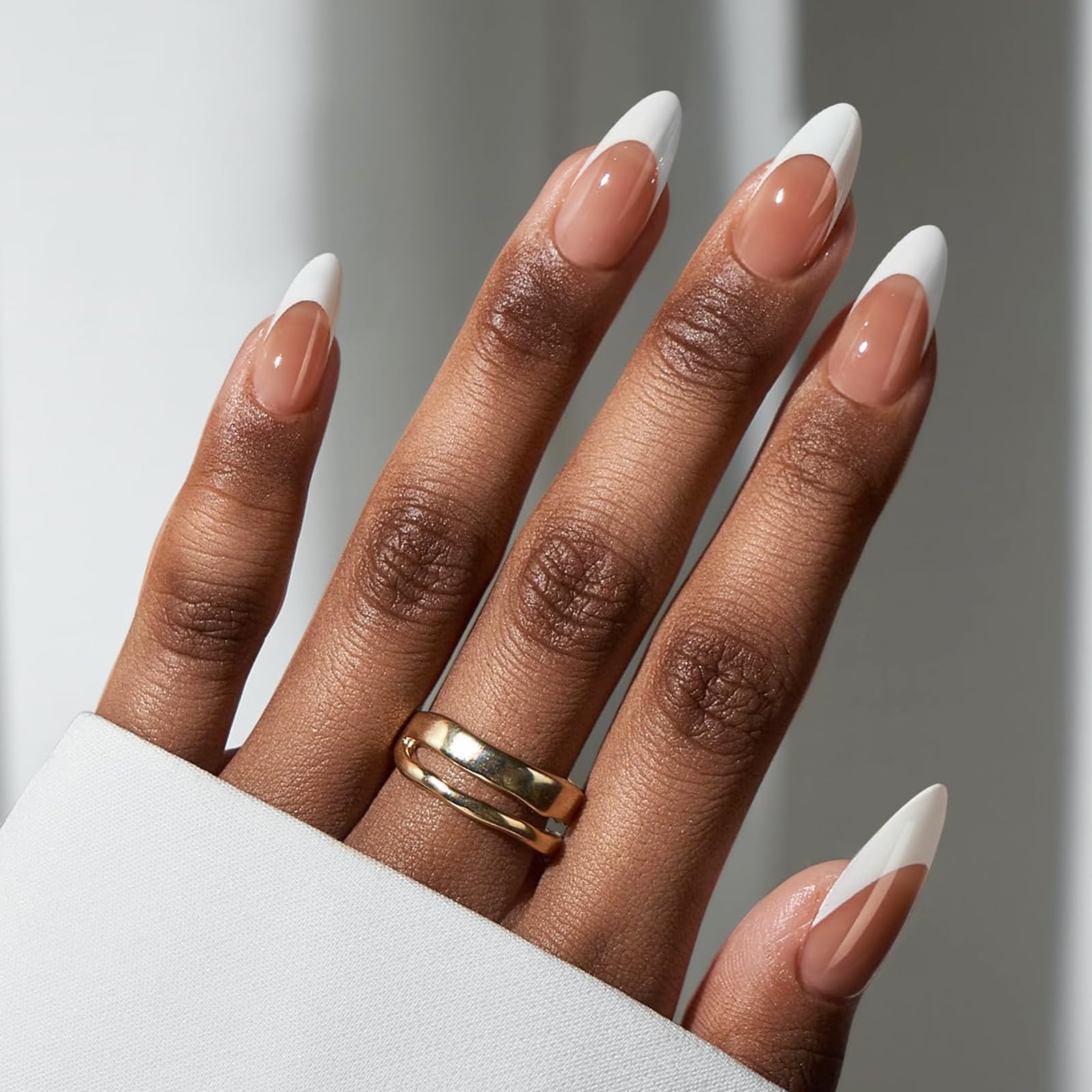 BTArtbox French Tip almond nails close-up for natural look