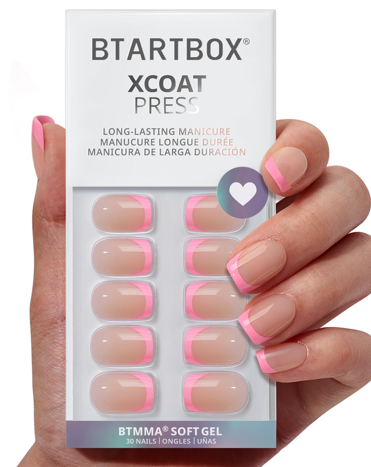 BTArtbox French Tip nails in square Dolce Pink, 30pcs for a salon-ready look.