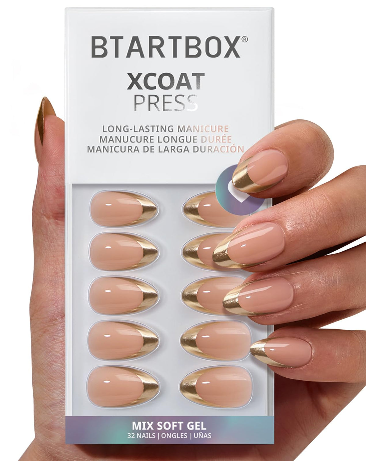 BTArtbox gilded countdown gold French tip almond nails for a salon-like home look