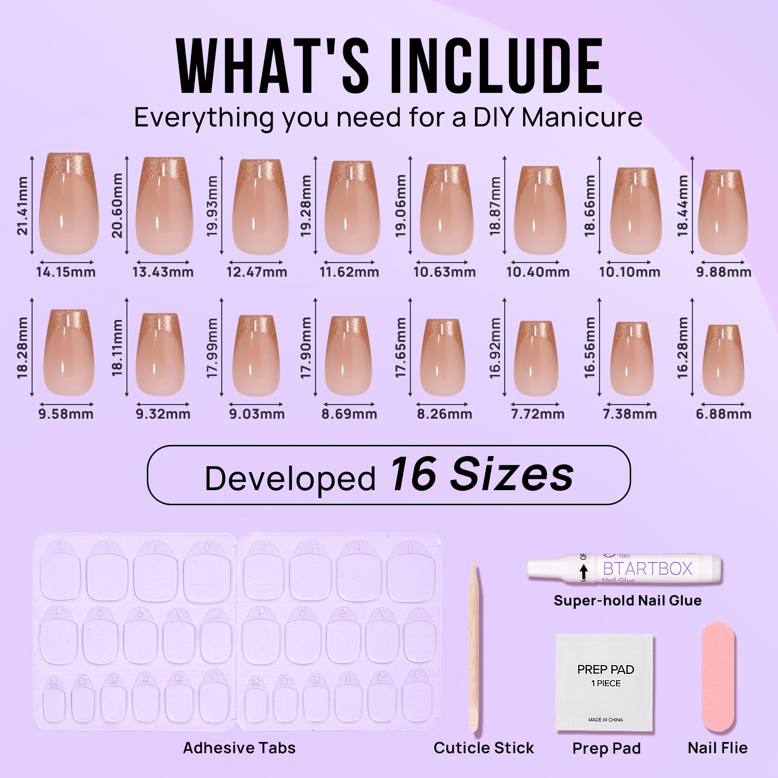 BTArtbox glue-on nails set includes tabs and glue for secure application.