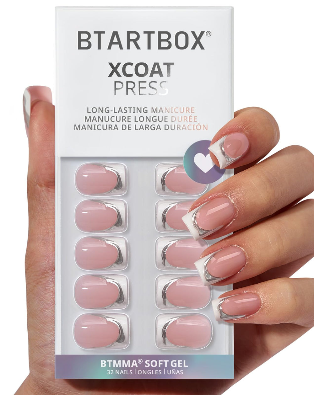 BTArtbox Ice Veil nails with 3D silver lines on a white French tip display