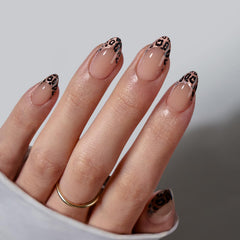 BTArtbox leopard French tip almond nails in box for easy, long-lasting at-home manicure.