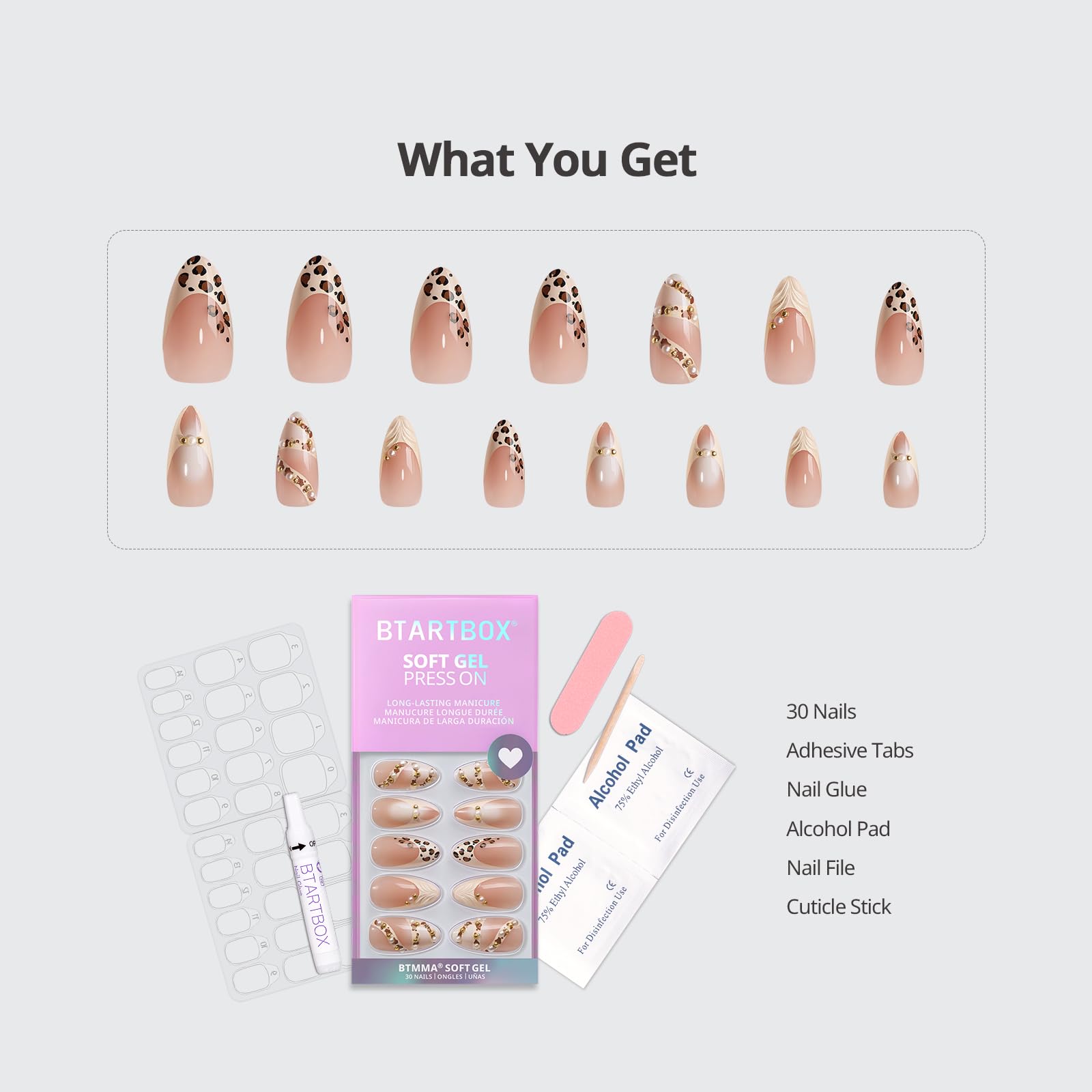 BTArtbox medium almond leopard nails with opaque tips for a refined look