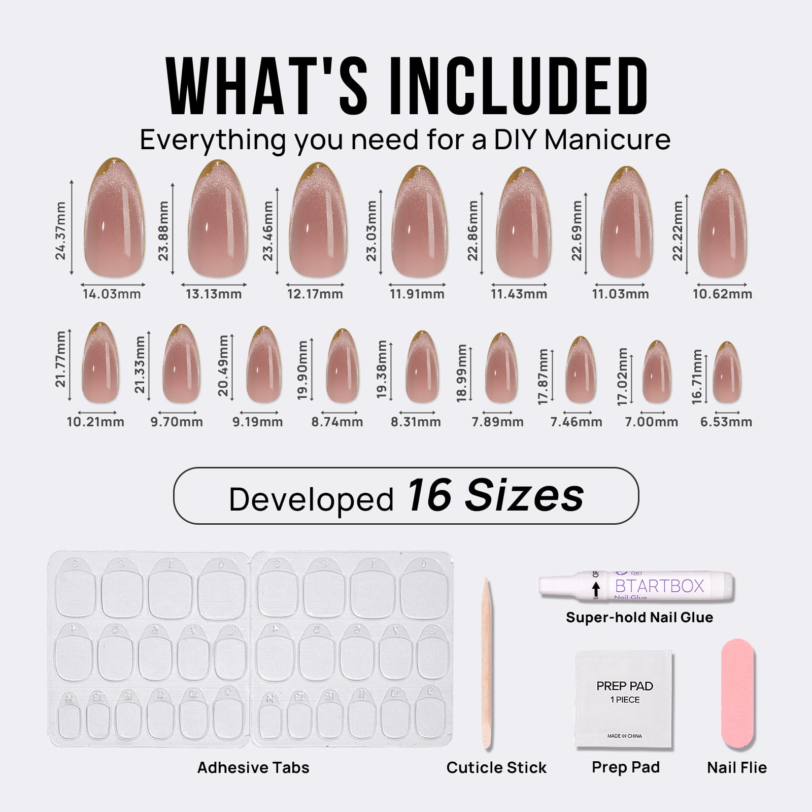 BTArtbox 16-size nail kit ensures a precise custom fit