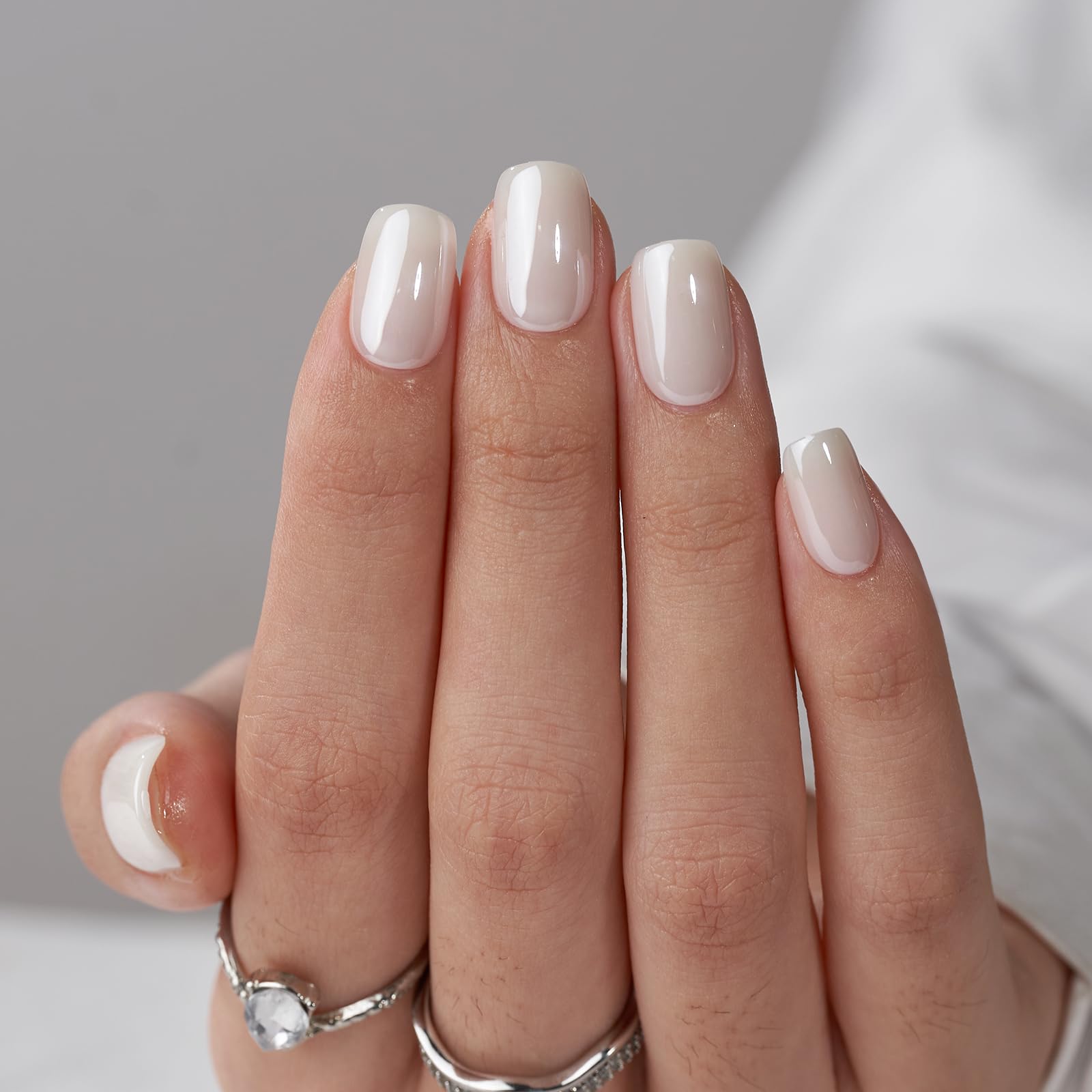 BTArtbox short white soft gel nails with square chrome tips for seamless natural look.