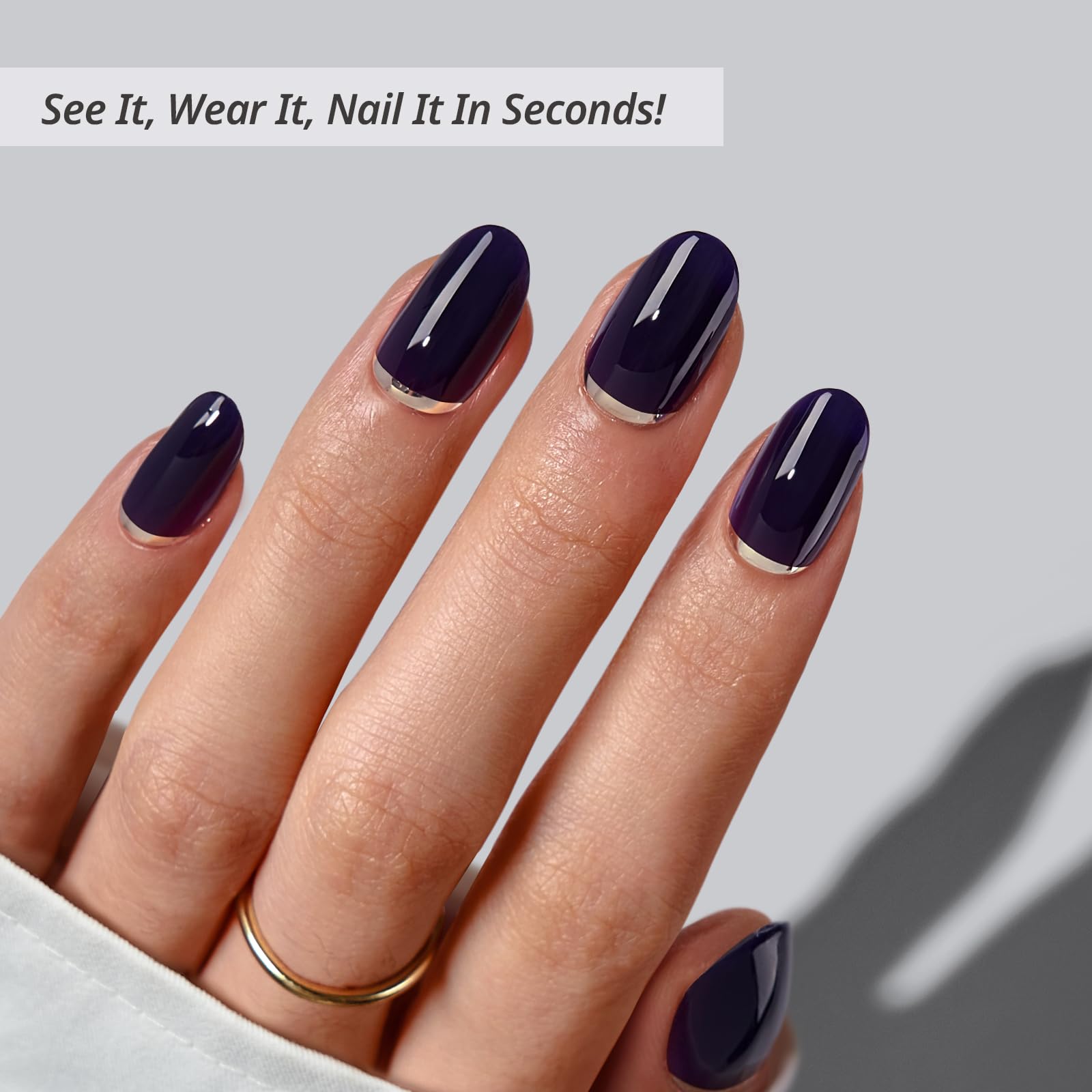BTArtbox oval press-on nails with dark blue foil for bold evening style