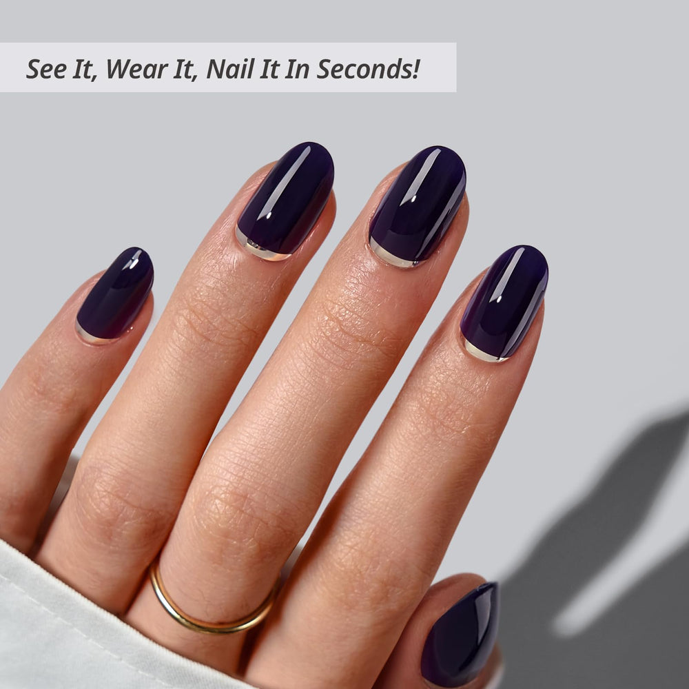 BTArtbox oval press-on nails with dark blue foil for bold evening style
