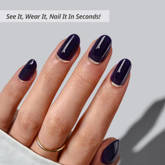 BTArtbox oval press-on nails with dark blue foil for bold evening style