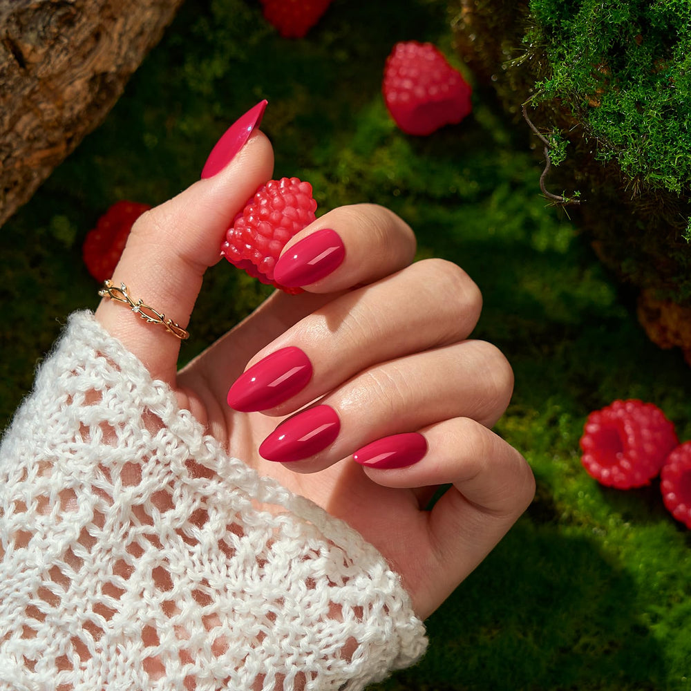 BTArtbox almond shaped nails in berry red for a natural look.