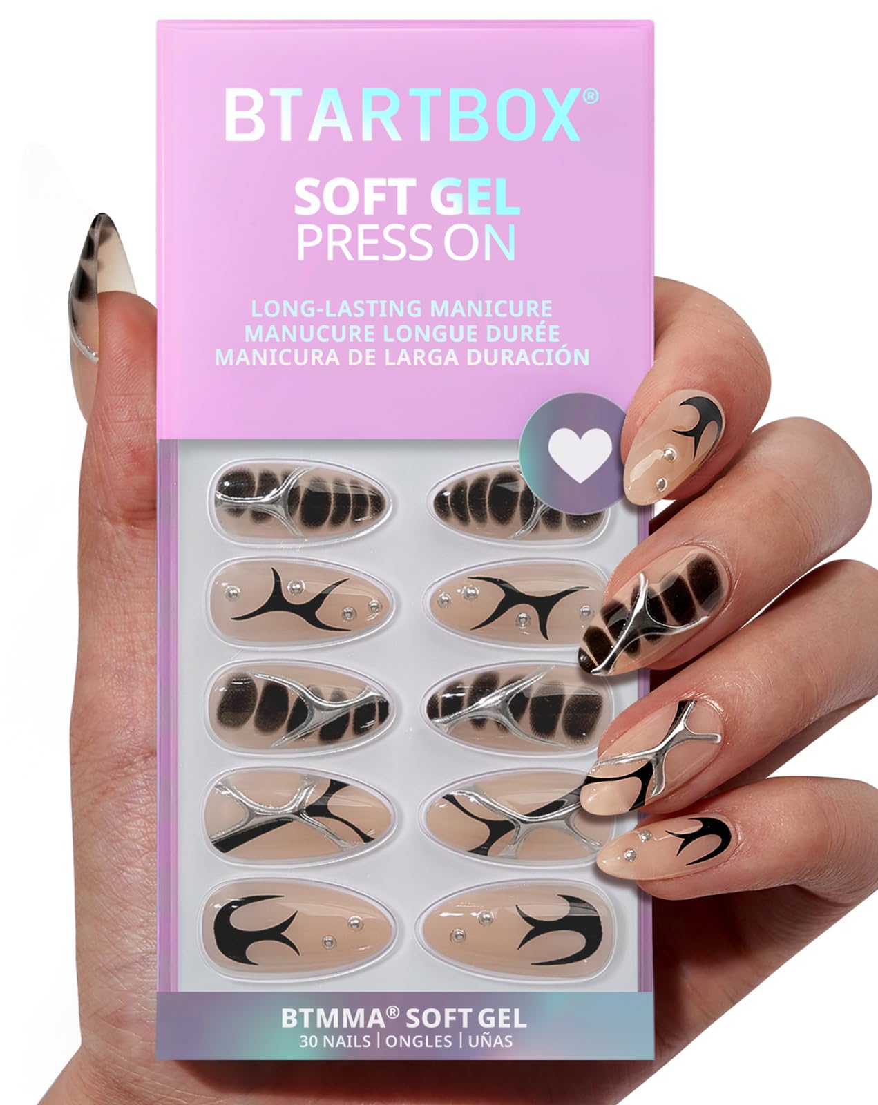 BTArtbox almond 3D black design nails for natural, flexible look