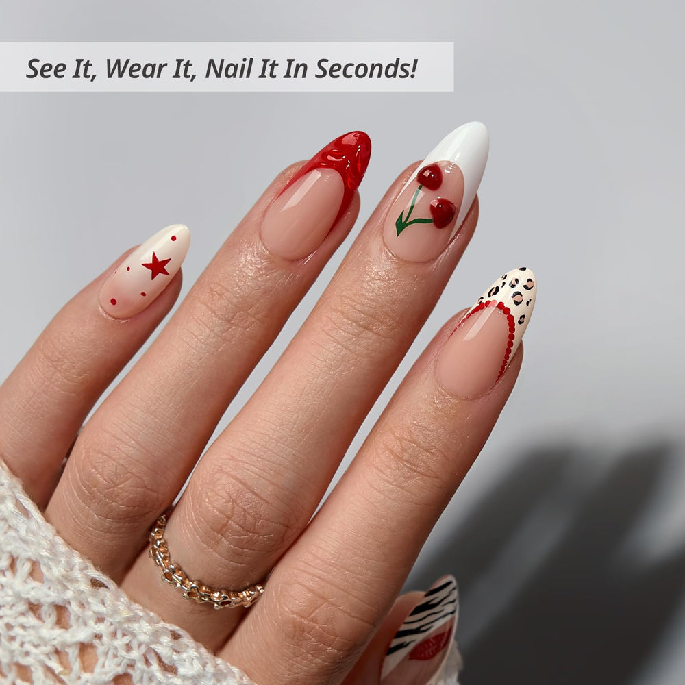 BTArtbox almond medium red French tip nails for chic daily wear.